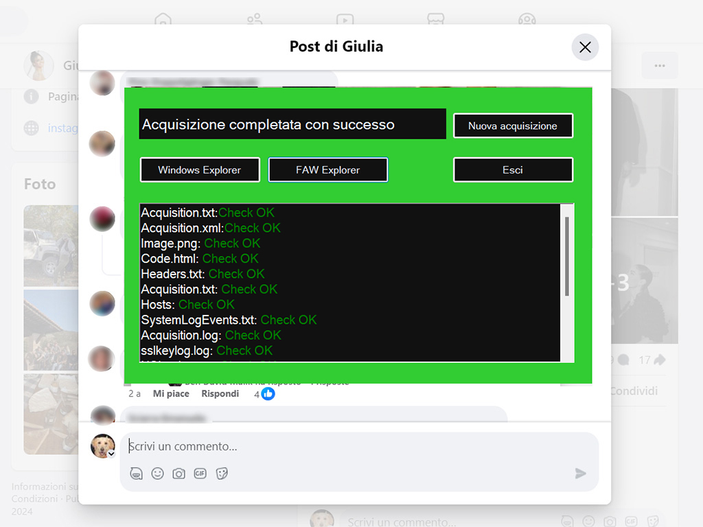 Screenshot acquisizione completata con successo